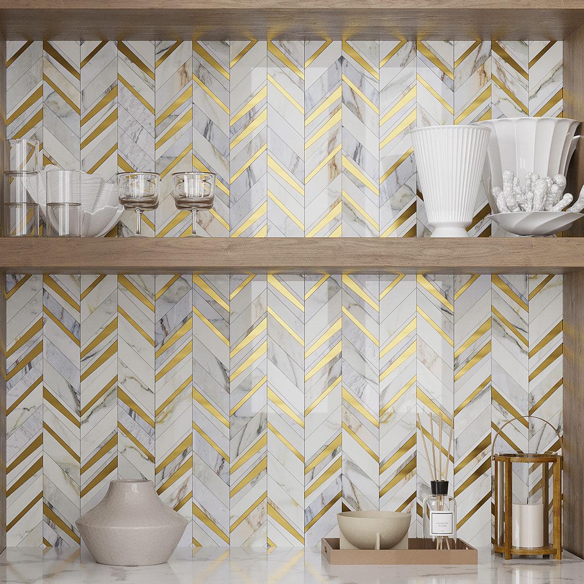 Calacatta Gold and Brass Chevron Mosaic | Tile Club